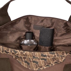 Shot Shell old school camo canvas weekender bag brown tan open side