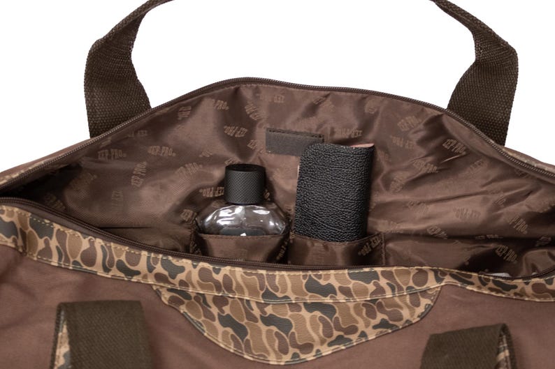 Shot Shell old school camo canvas weekender bag brown tan open side