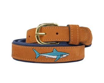 Mako Shark Embroidered Nubuck Leather Belt. Tan Full Grain Leather Tabs, Solid Brass Buckle and Cotton Webbing.