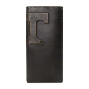 Cartera de cuero para secretario universitario de Tennessee Vols para hombre. Acabado marrón bruñido de grano completo con logotipo grande grabado en relieve