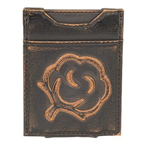 Cartera de cuero con bolsillo frontal magnético para hombre de Cotton Boll. Acabado de grano completo bruñido marrón con logotipo grande grabado en relieve