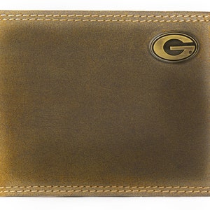 Cartera plegable de cuero para hombre Georgia Bulldogs. Cuero de plena flor color canela vintage con logotipo de latón antiguo