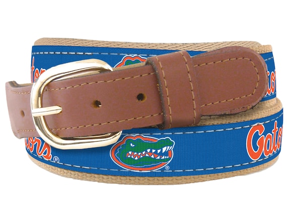 Florida Gators Men's Collegiate Woven Ribbon Belt. Tan Full Grain Leather Tabs, Solid Brass Buckle and Cotton Webbing.