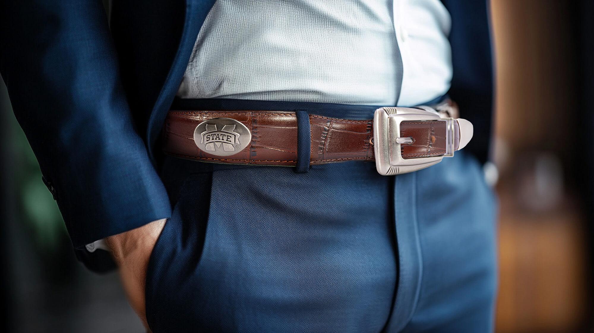 MISSISSIPPI STATE BULLDOGS MEN'S COLLEGIATE BROWN LEATHER CONCHO BELT.