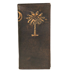 Cartera de piel SC Palmetto Secretary para hombre. Acabado de plena flor marrón bruñido con logotipo grande grabado