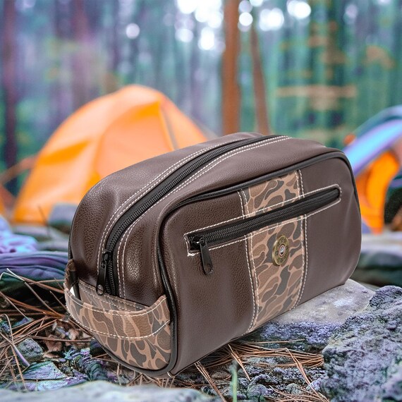 Shot Shell Men's Toiletry Dopp Bag. Old School Camo With Brown