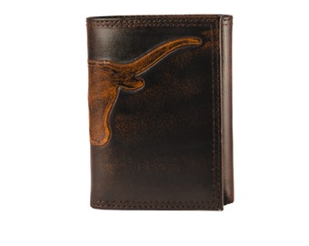 Texas Longhorns Men's Collegiate Trifold Leather Wallet. Brown Burnished Full Grain Finish With Large Debossed Logo