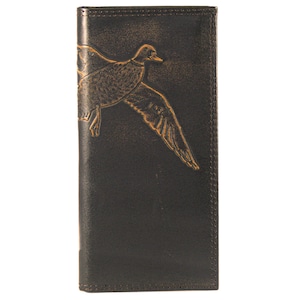 Cartera de cuero para hombre Mallard Secretary. Acabado de grano completo bruñido en marrón con logotipo grande grabado en relieve