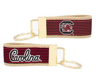 South Carolina Gamecocks Preppy Pinstripe Ribbon Keychain with Khaki Webbing and Brass Hardware