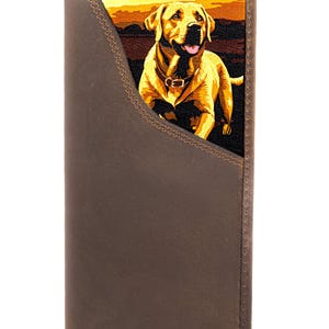 May include: Brown leather wallet with a stitched edge. The wallet features an image of a yellow Labrador Retriever dog with a sunset background. The dog is wearing a collar.
