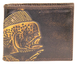 Dolphin Mahi-mahi Men&#39;s Bifold Leather Wallet. Brown Burnished Full Grain Finish With Large Debossed Logo