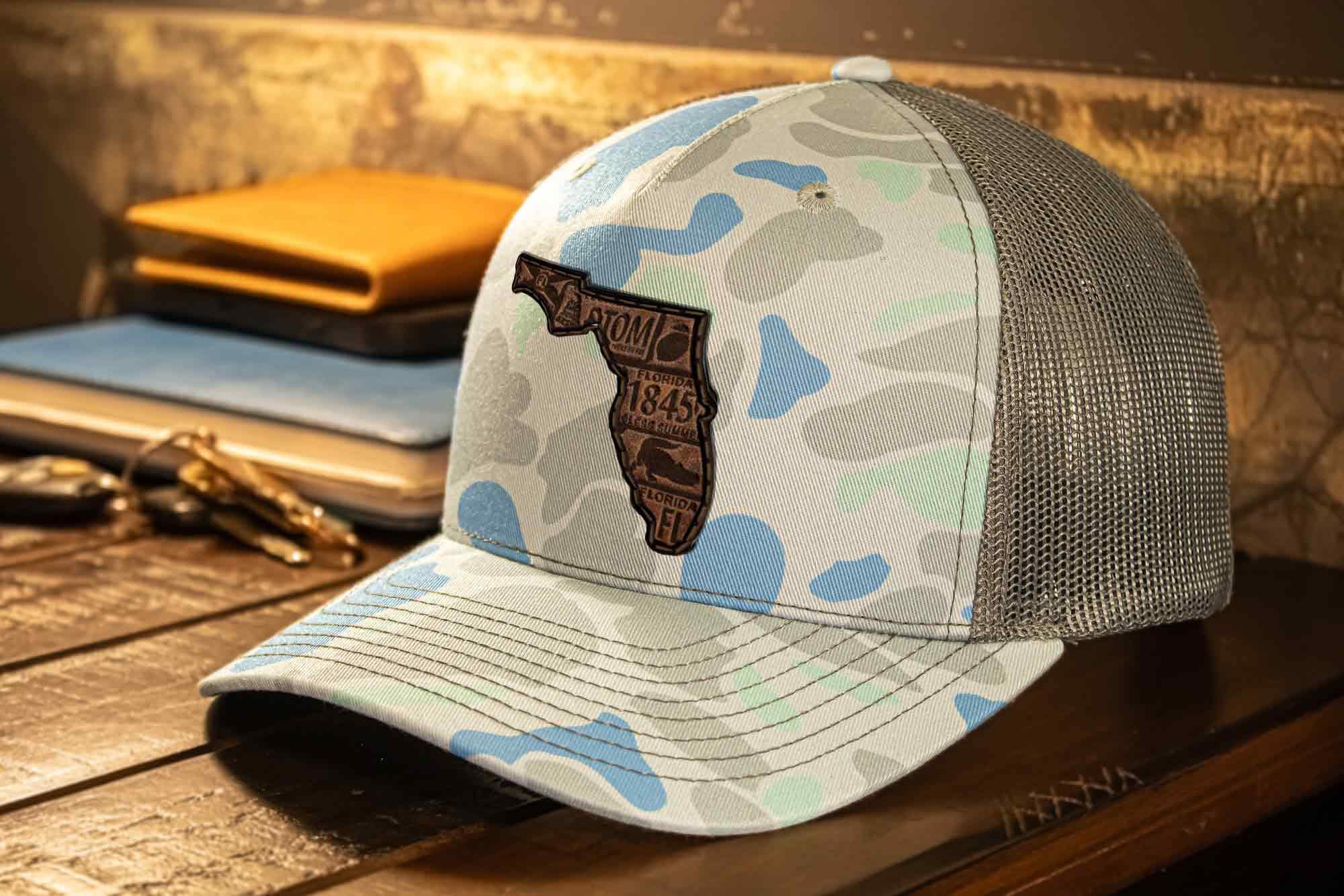 Florida Map Old School Camo Trucker Hat. Burnished Full Grain