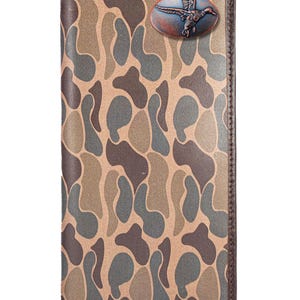 Cartera de cuero estilo camuflaje Mallard Secretary para hombre. Piel flor con logotipo en cobre antiguo.