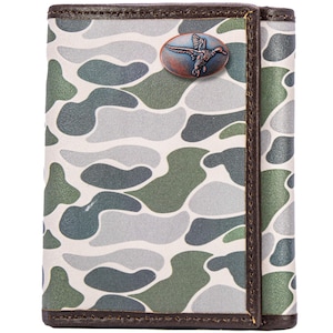 Cartera de cuero con diseño de camuflaje Old School de tres pliegues para hombre de Mallard. Cuero de grano completo con logotipo de cobre antiguo