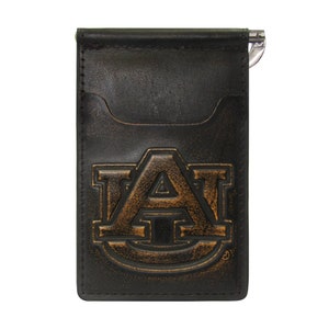 Cartera de cuero con clip de bolsillo frontal colegial para hombre de Auburn Tigers. Acabado de plena flor marrón bruñido con logotipo grabado