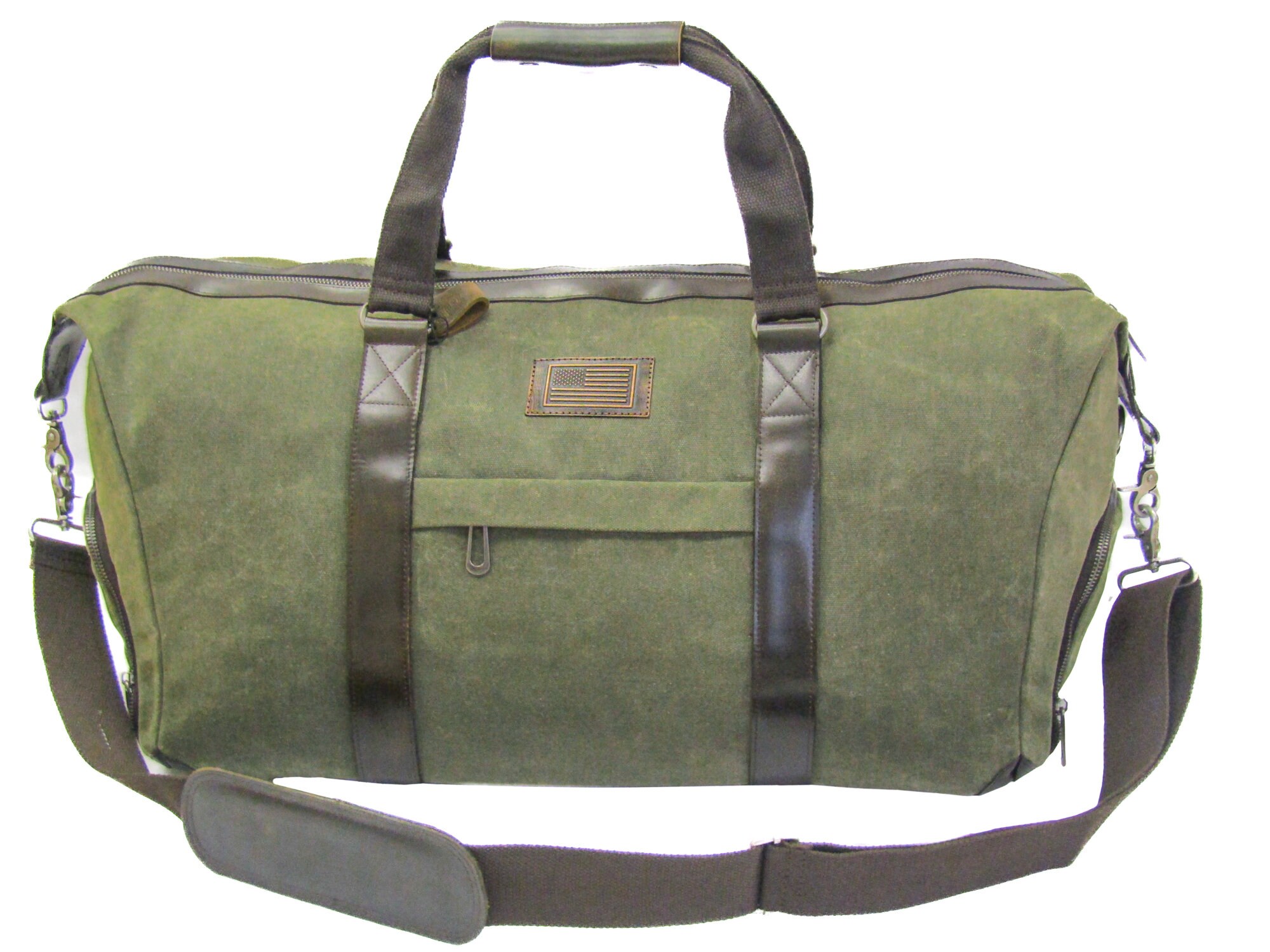 USA Flag Weekender Bag. Olive Drab Waxed Canvas With Brown Burnished Full Grain Leather Trim. Debossed Patch Logo.
