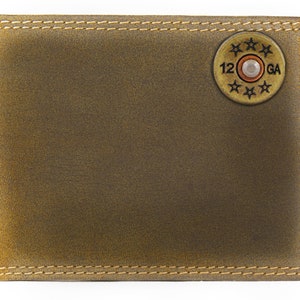 Cartera de cuero plegable Shotshell para hombre. Cuero de plena flor color canela vintage con logotipo de latón antiguo
