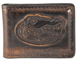 Florida Gators Men's Collegiate Money Clip. Brown Burnished Full Grain Finish With Debossed Logo
