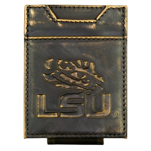 Cartera de cuero con bolsillo frontal magnético para hombre de LSU Tigers. Acabado marrón bruñido de grano completo con logotipo grande grabado en relieve