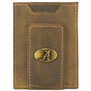 Alabama Crimson Tide Cartera de cuero con bolsillo frontal magnético para hombre. Cuero de plena flor color canela vintage con logotipo de latón antiguo