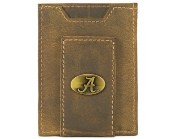 Alabama Crimson Tide Men's Collegiate Magnetic Front Pocket Leather Wallet. Vintage Tan Full Grain Leather With Antique Brass Logo