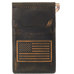 Cartera de cuero con clip de bolsillo frontal para hombre con bandera de EE. UU. Acabado de plena flor marrón bruñido con logotipo grabado