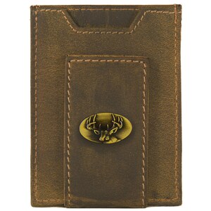 Cartera de cuero con bolsillo frontal magnético para hombre de Buck. Cuero de grano completo color canela vintage con logotipo de latón antiguo