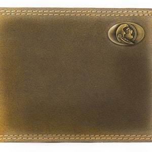 Cartera de cuero plegable para hombre FSU Seminoles. Cuero de plena flor color canela vintage con logotipo de latón antiguo