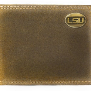 Cartera plegable de cuero para hombre LSU Tigers. Cuero de plena flor color canela vintage con logotipo de latón antiguo