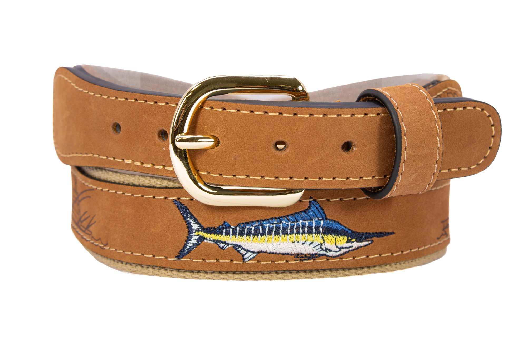 Marlin Embroidered Nubuck Leather Belt. Tan Full Grain  display picture 1