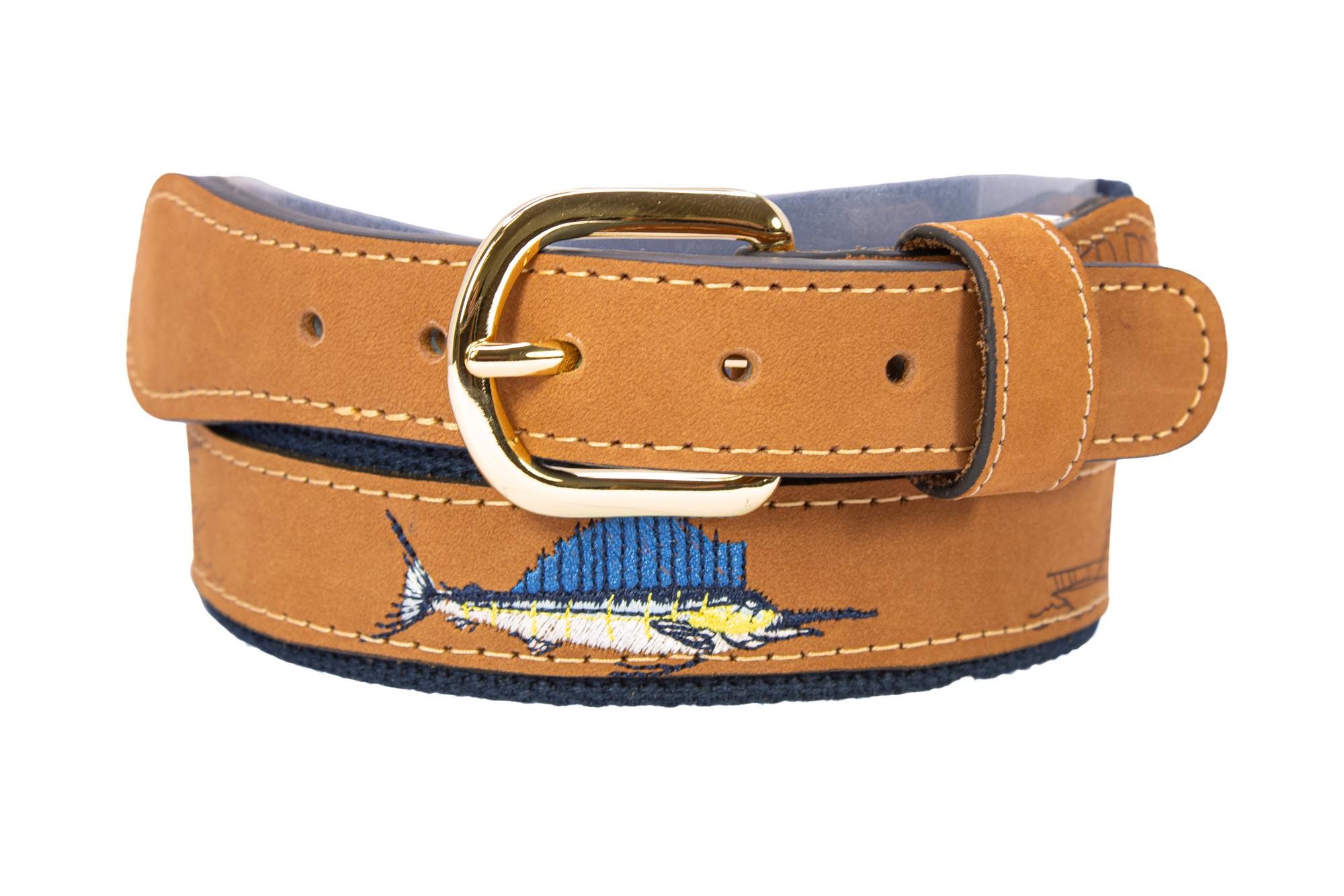 Sailfish Embroidered Nubuck Leather Belt. Tan Full Grain Leather