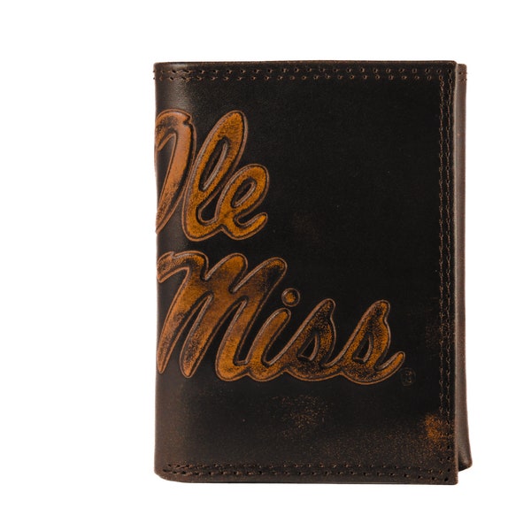 Ole MIss Rebels Men's Collegiate Trifold Leather Wallet. Brown Burnished Full Grain Finish With Large Debossed Logo