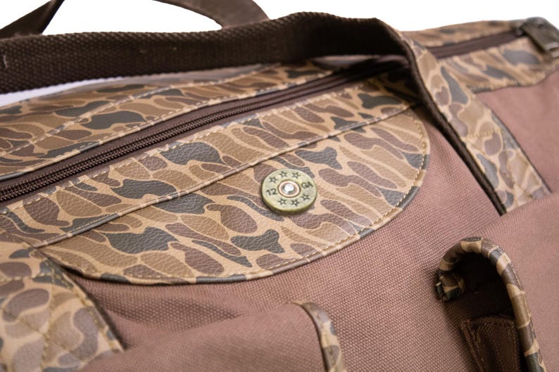 Shot Shell old school camo canvas weekender bag brown tan logo