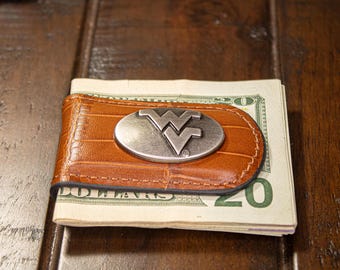 West Virginia Mountaineers Leather Magnetic Money Clip Wallet - Silver Emblem Fan Gift - 6 Colors