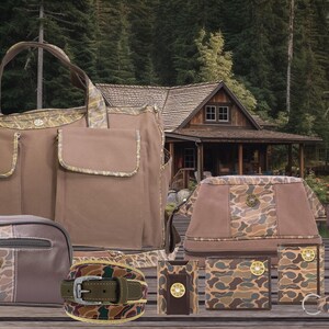Shot Shell old school camo canvas weekender bag brown tan group cabin