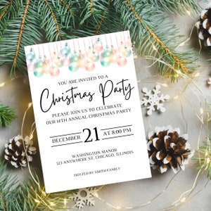 Bewerkbare roze uitnodiging kerstfeest | Uitnodiging vakantiefeestje | Directe download afdrukbare bewerkbare op canva | Sjabloon voor canvasfeestje