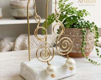 Handmade Swirl Pearl Drop Earrings | Elegant Gold Bridal Jewelry