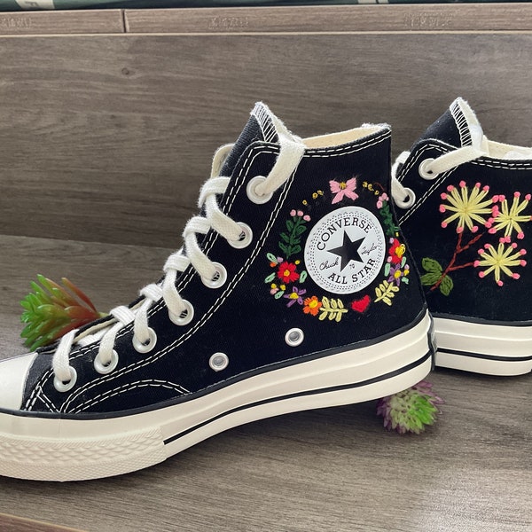 Black Converse embroidered High-Tops,  Converse Chuck Taylor 1970s, Custom Converse Embroidered Shoes