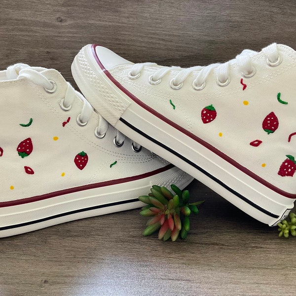 Strawberry Embroidered White High-Tops, Platform With 4CM Sole, Embroidered Trainers,  Hand Made Platform Shoes