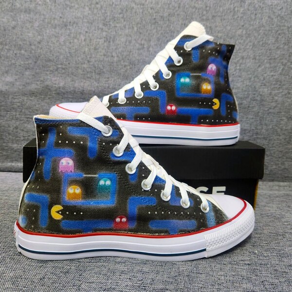 Fan Art de Pac Man fait main sur mesure Salut Top Converse jeu rétro des années 80 Arcade Gamer, cadeau pour jeu rétro