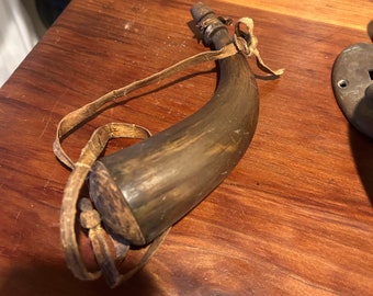 Antique Powder Horn w/ Leather Strap Made From Animal Horn 7in.