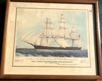 New York Clipper Ship ""Challenge"" Gerahmter Druck 1835, Maritimer Druck, Schiff Vintage Druck, Segelschiff Druck, Strandhaus Dekor."