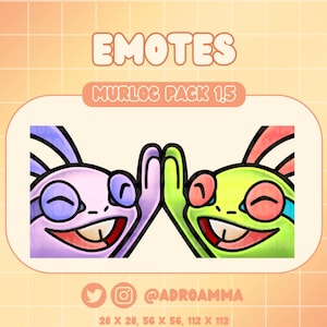 Puede incluir: Ilustración digital de dos Murlocs de dibujos animados, uno morado y otro verde, chocando los cinco. La imagen incluye el texto "EMOTES" y "MURLOC PACK 1.5". Las dimensiones son 28 x 28, 56 x 56 y 112 x 112.