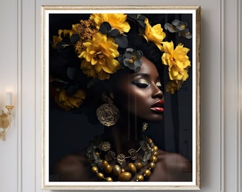 Elegant Black Woman Wall Art with Yellow Jewelry and Floral Crown