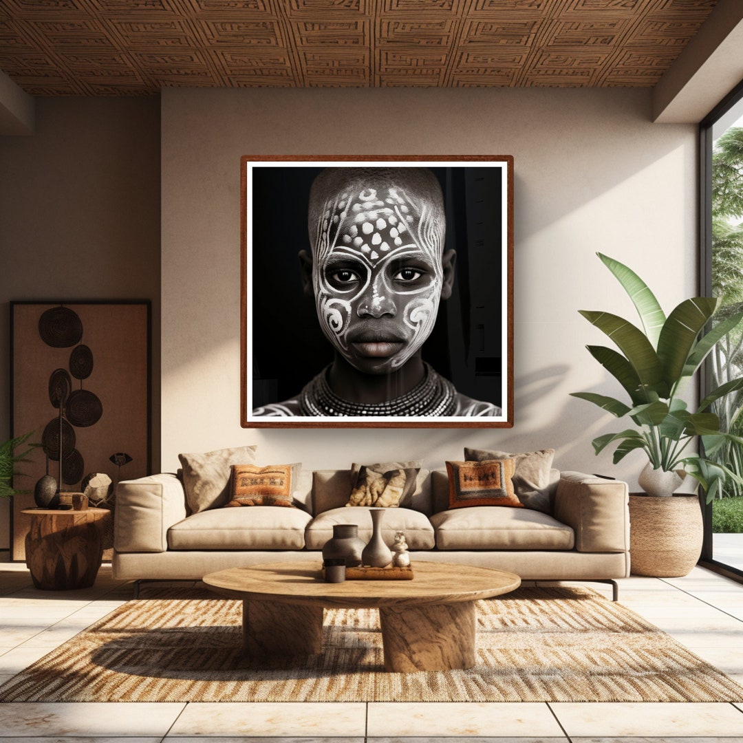African Wall Art of Boy With Tribal Paint on Face Black and White