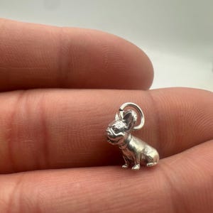 May include: A small, three-dimensional silver charm shaped like a French Bulldog. The charm features a detailed canine figure in a seated position with upright ears and a collar, attached to a circular jump ring for hanging on a chain or bracelet.