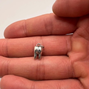 Könnte beinhalten: Ein kleiner, silberfarbener Zahnanhänger mit einer Schlaufe für eine Halskette oder ein Armband. Der Anhänger ist eine detaillierte Miniatur eines Backenzahns, die Wurzel und Krone zeigt. Der Anhänger wird in einer Hand gehalten.