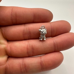 May include: A small, silver-colored charm in the shape of a pug dog. The charm has a loop at the top for attaching to a necklace or bracelet. The pug is depicted in a sitting position with detailed facial features. A cute, miniature dog charm.