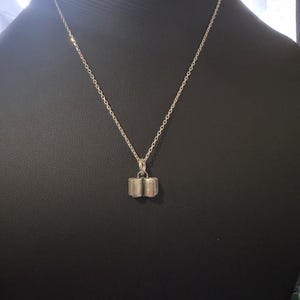 Puede incluir: Collar plateado con un colgante en forma de pila de libros. El colgante cuelga de una delicada cadena. La joya se muestra sobre un fondo oscuro.