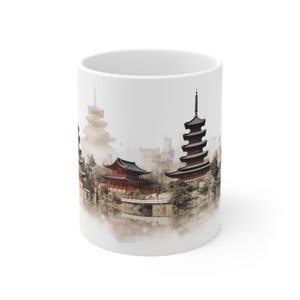 Kyoto Monuments Mug, Historic Landmarks Ceramic Cup for Travel Enthusiasts, Charming Kyoto-Themed Drinkware for Souvenir Collectors, Tea Mug